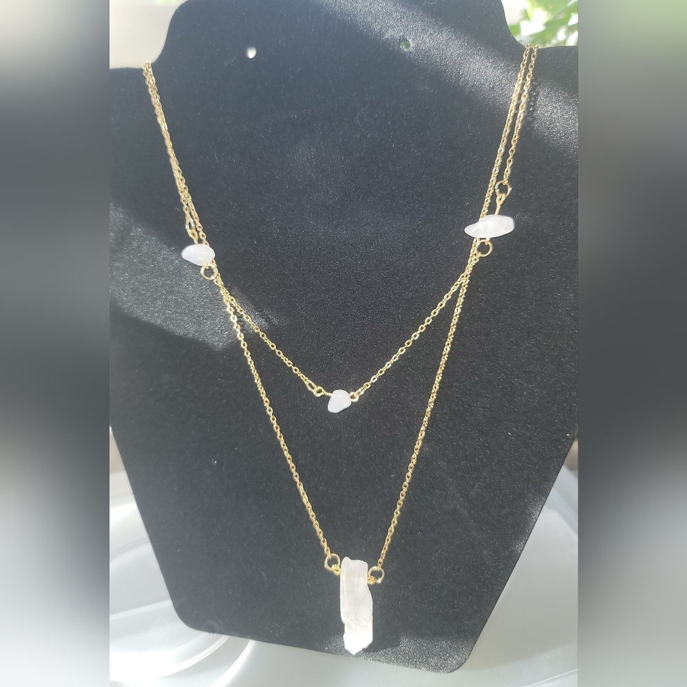 Two Piece Gold Stainless Steel Necklace Set with Quartz Crystals